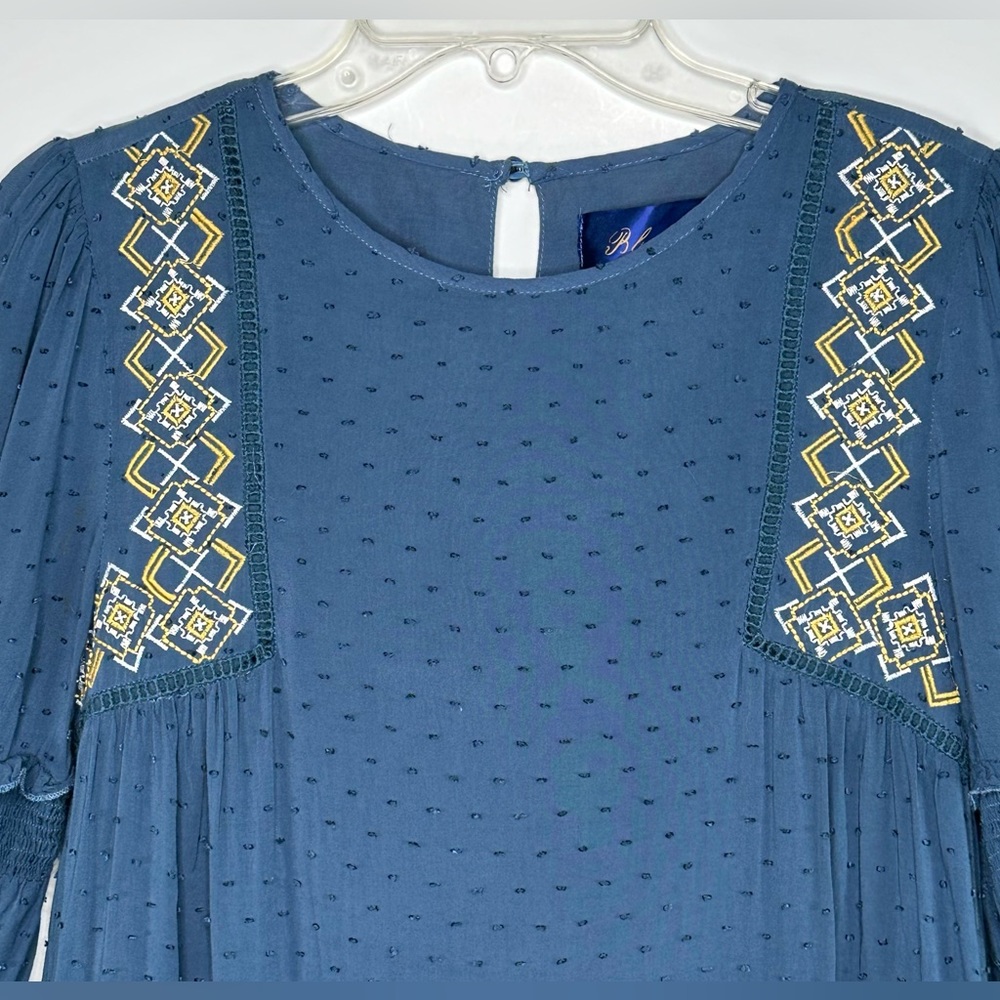 Francesca’s Blue Rain Swiss Dot Embroidered Detail Ruffle Hem‎ Cottagecore Sz XS - Picture 2 of 6